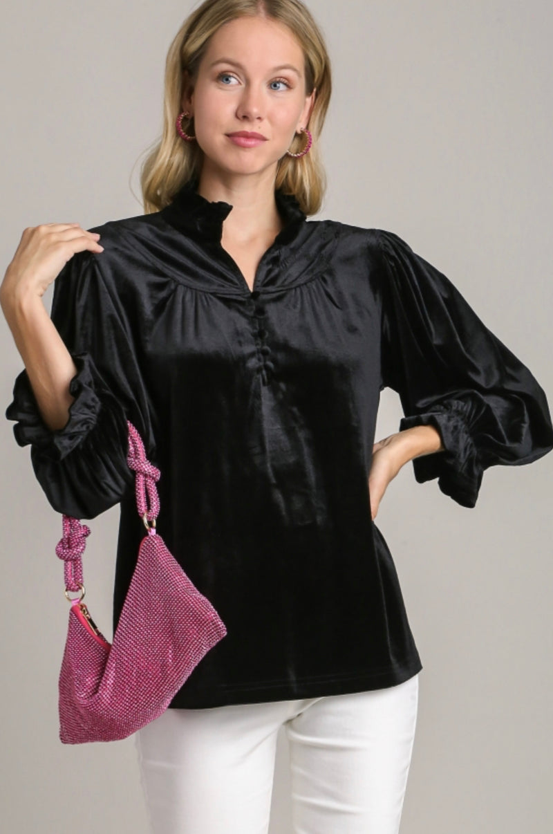 Velvet High Ruffle Neckline Top in Black