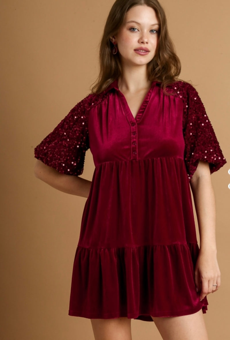 A-Line Wine Sequin Velvet Dress with Puff Sleeves