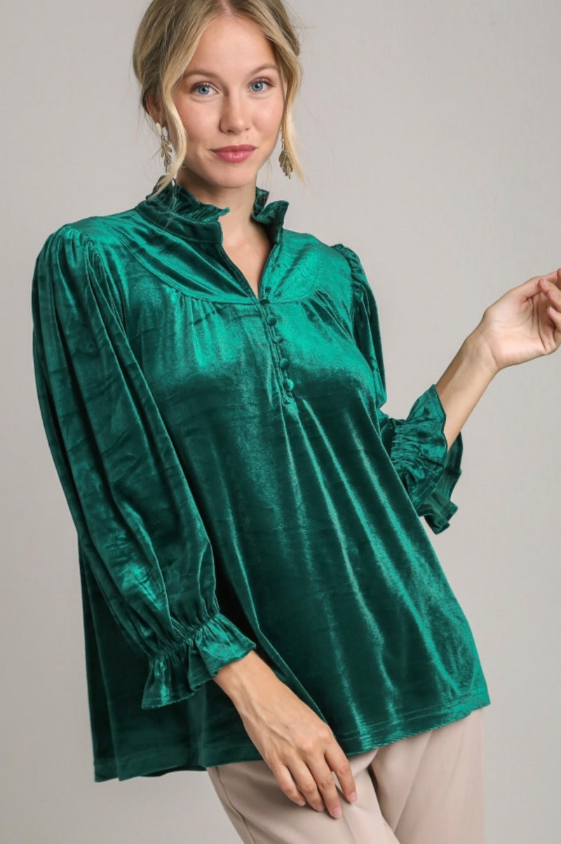 Velvet High Ruffle Neckline Top in Hunter Green