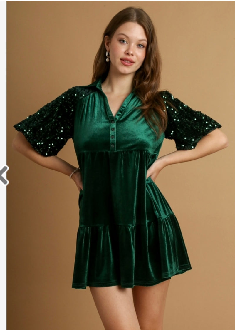 A-Line Hunter Green Sequin Velvet Dress with Puff Sleeves