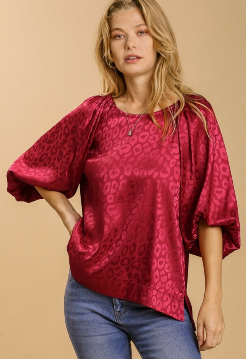 Burgundy Leopard Print Puff Sleeve Top