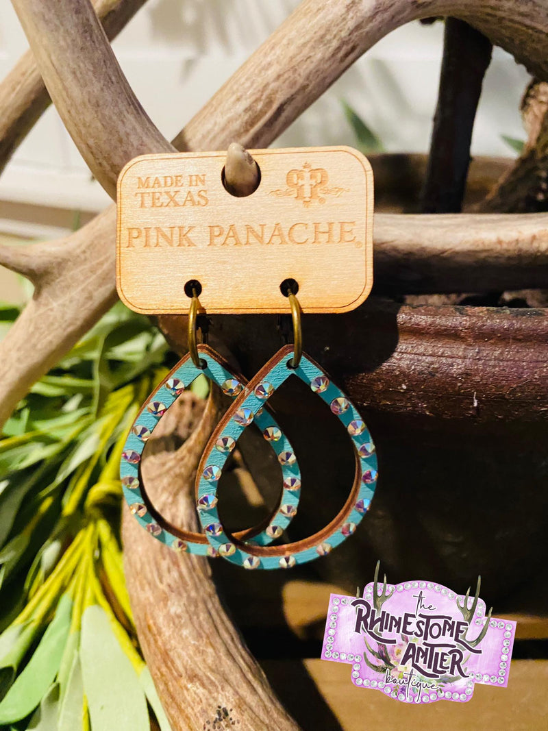 Turquoise Wood Open Teardrop Earrings with Rhinestones