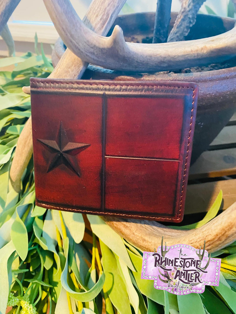 Men's Texas Flag Leather Dark Brown Bi-Fold Wallet