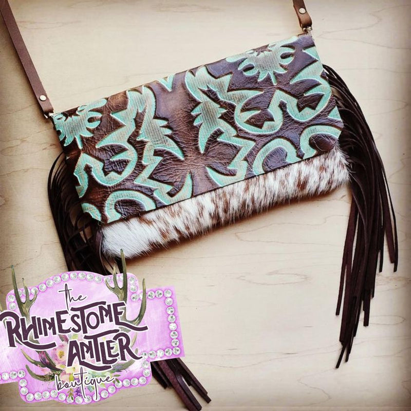 Hair on Hide Handbag W/ Turquoise Laredo Flap & Fringe