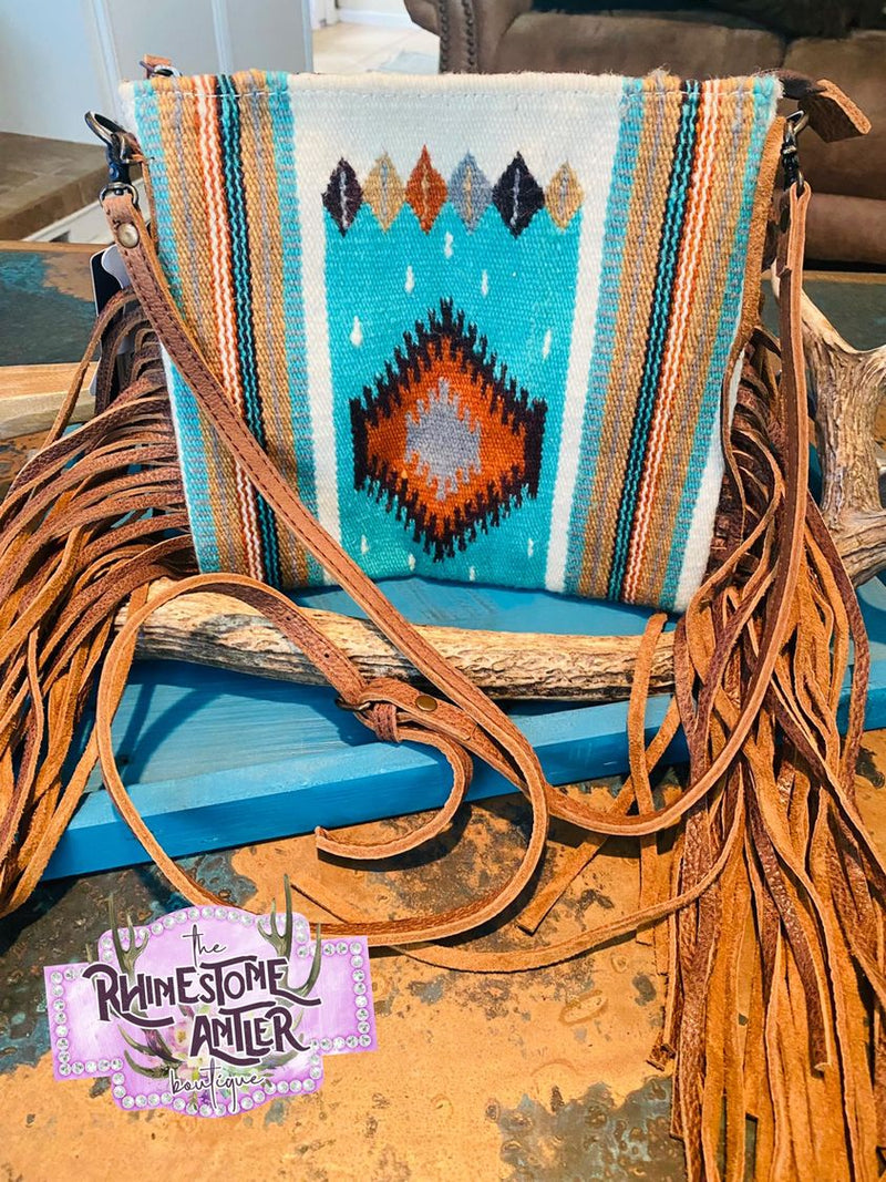 Medium Aztec Print Crossbody W/Leather Fringe