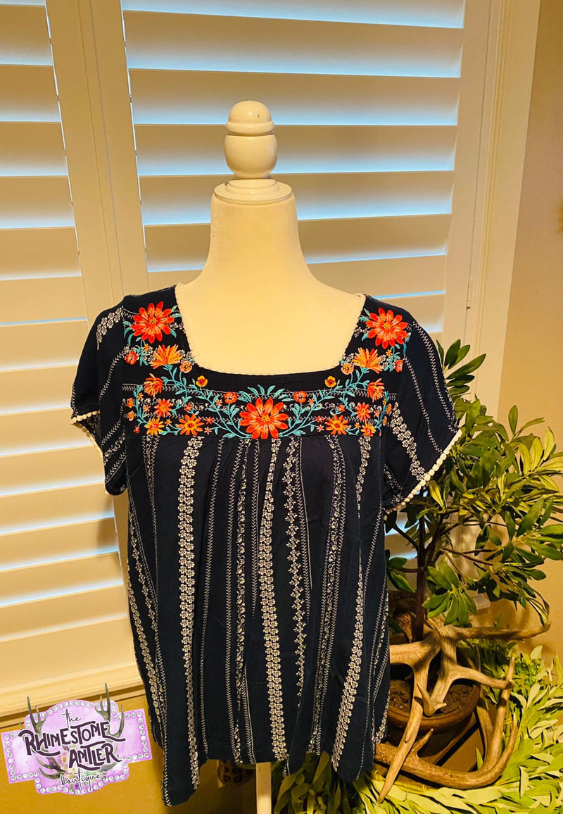 Navy Floral Striped Top With Embroidery