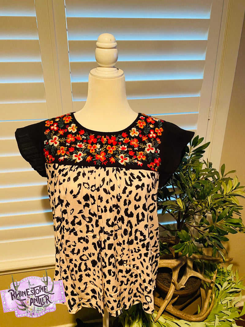 The Leopard Floral Embroidered Top