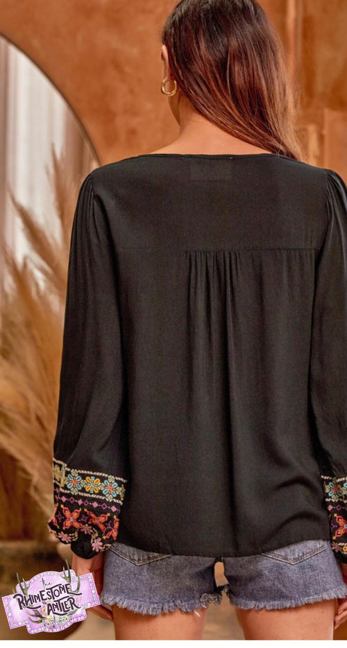 Black Embroidered Detailed Long-sleeved Top