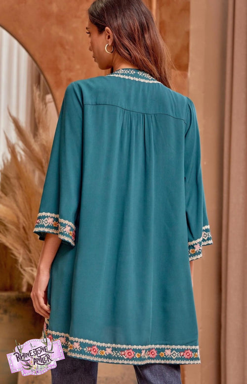 Teal Embroidered Floral Kimono