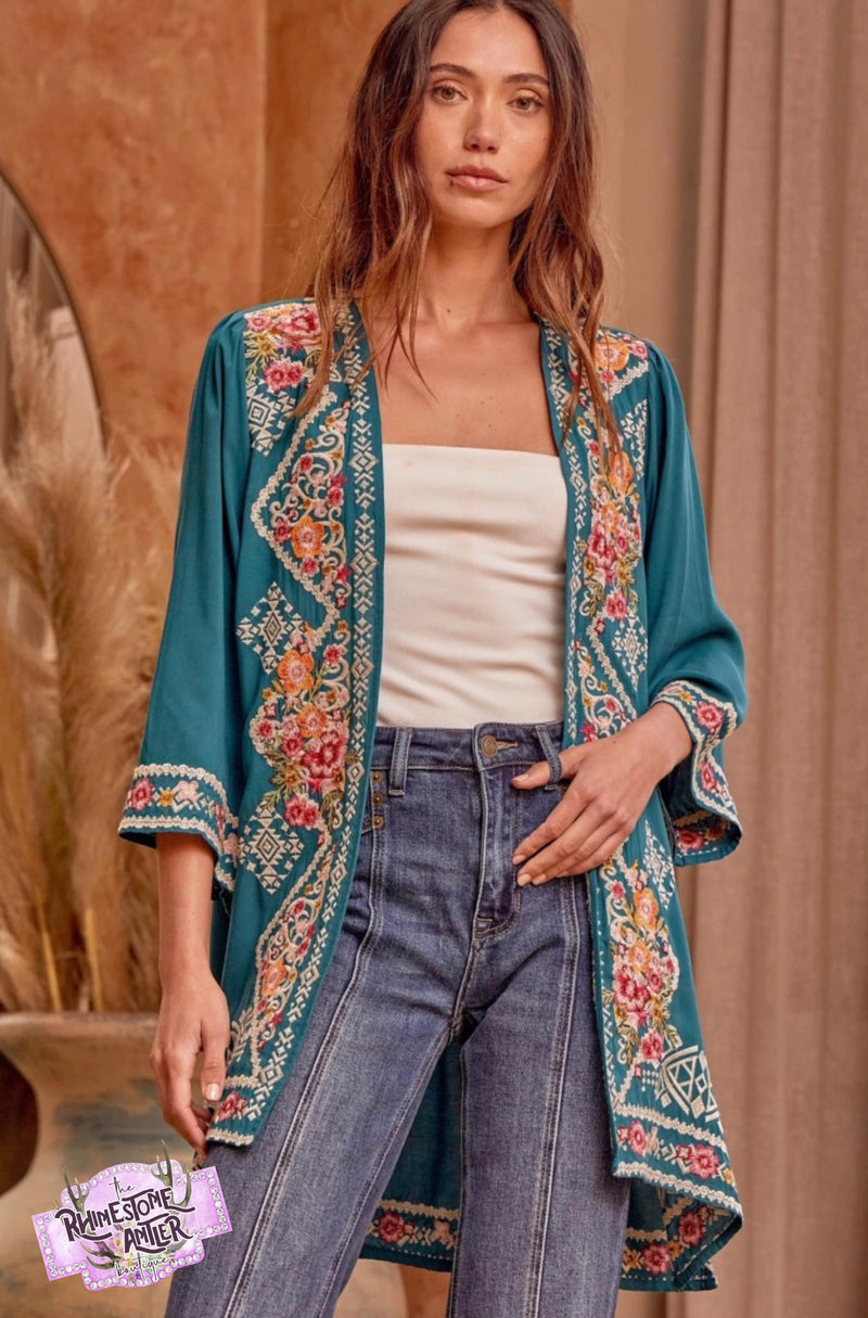 Teal Embroidered Floral Kimono