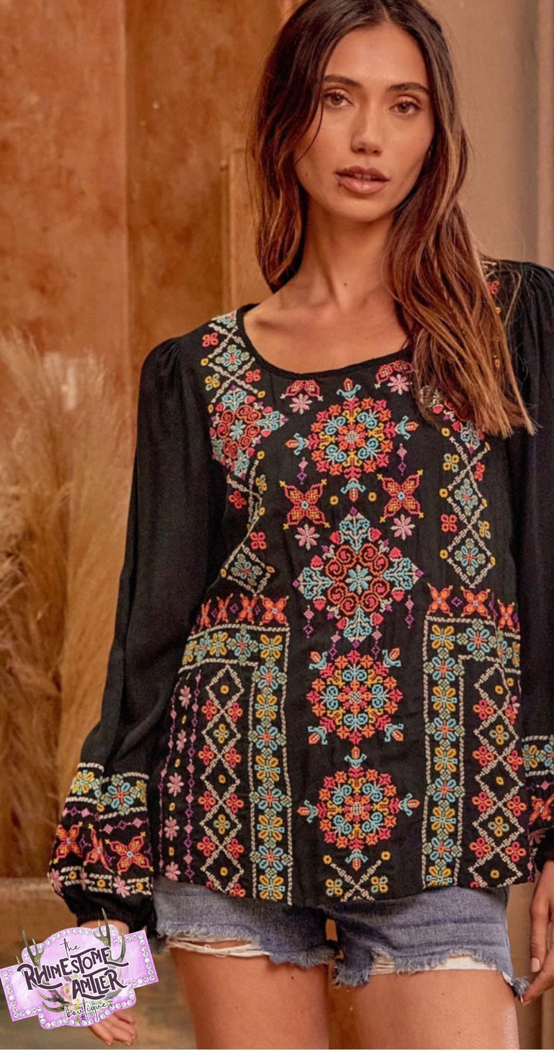 Black Embroidered Detailed Long-sleeved Top