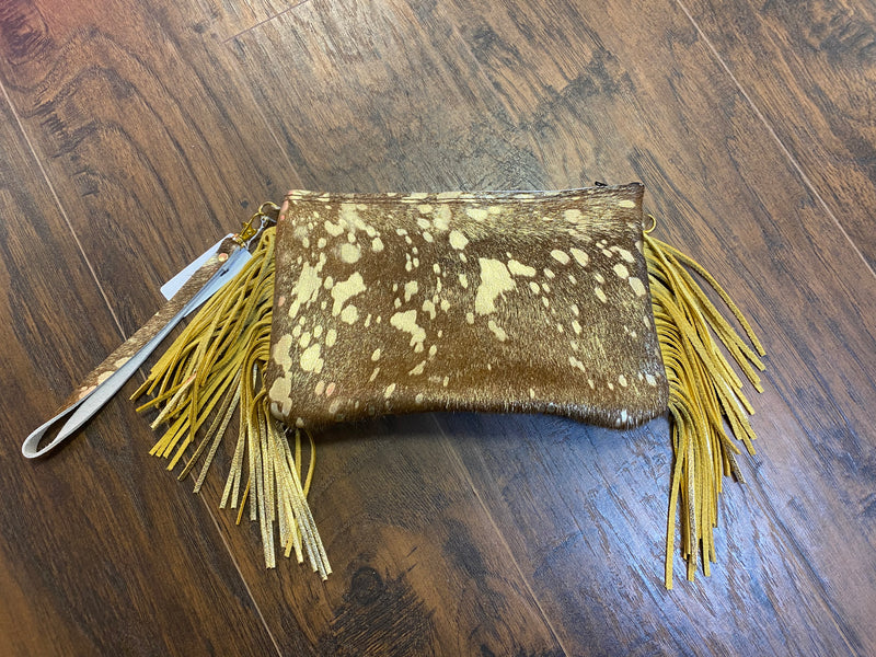 Brown Cowhide Wristlet with Gold Fringe