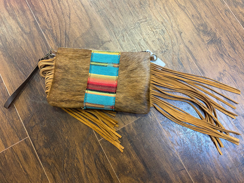 Brown Cowhide Serape Print Wristlet with Fringe