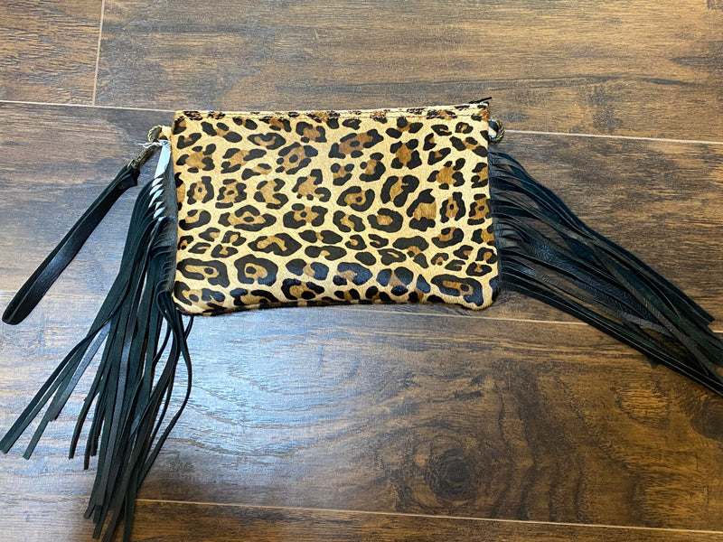 Leopard Cowhide Wristlet with Black Fringe