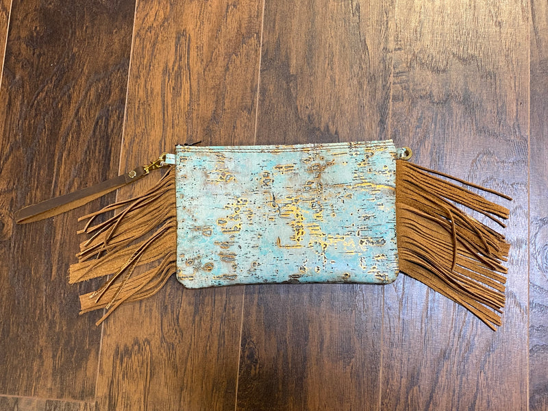 Turquoise Metallic Leather Print with Brown Fringe