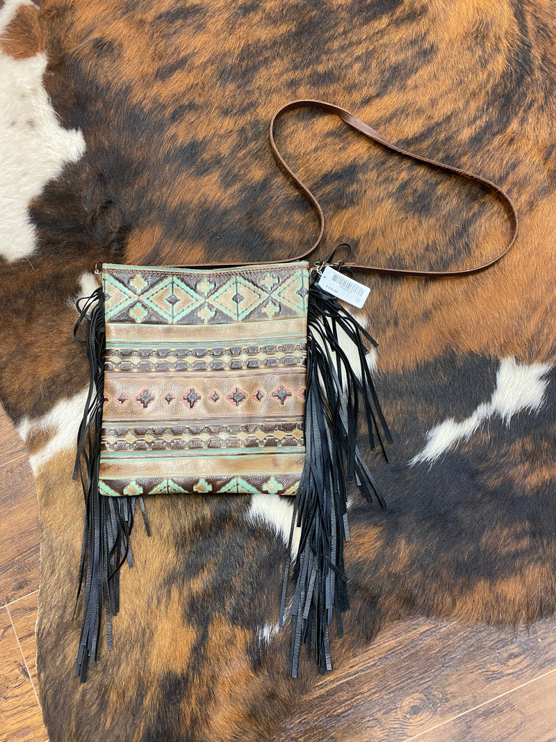 Embossed Navajo Leather Purse with Black Fringe