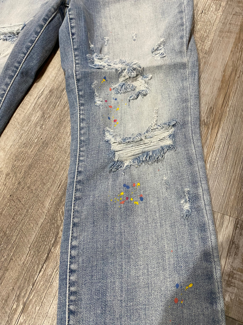 JB High Waist Destroyed Multi Color Paint Splatter Boy Friend Jeans